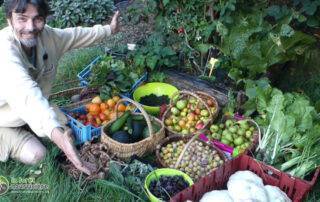 Franck Nathié devant une récolte de fruits et légumes au mois d'août