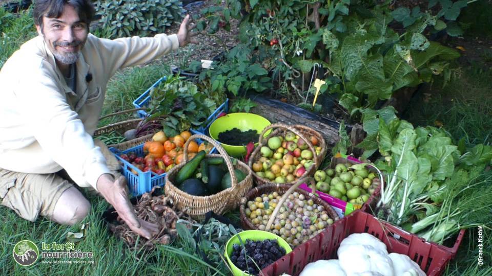 Franck Nathié devant une récolte de fruits et légumes au mois d'août