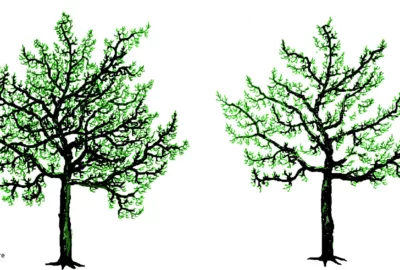 schéma montrant la différence avant / après une taille d'arbre fruitier